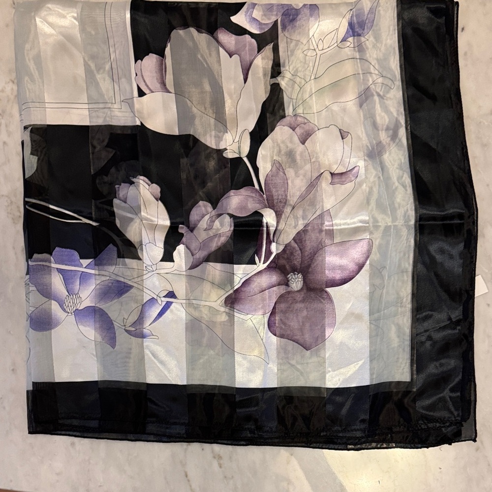 Floral Satin Scarf in Black, White & Lavender